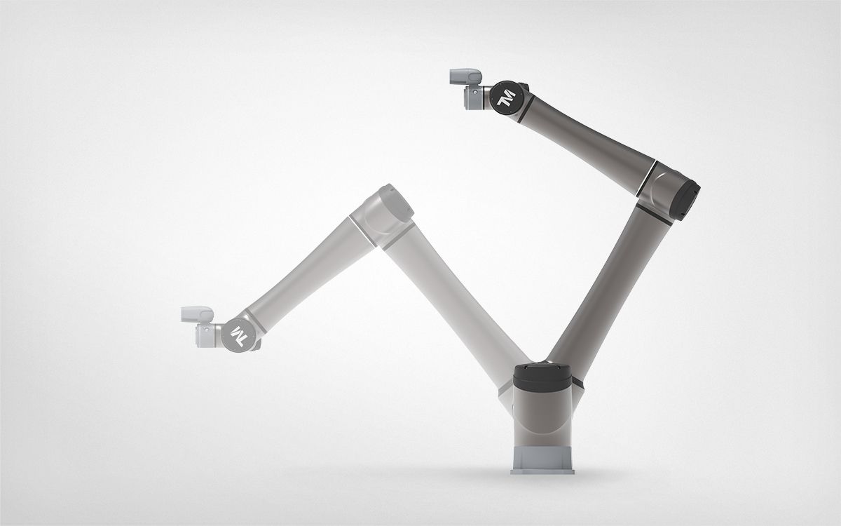 Two TM AI Cobot arm poses showing the flexible 6-axis workspace