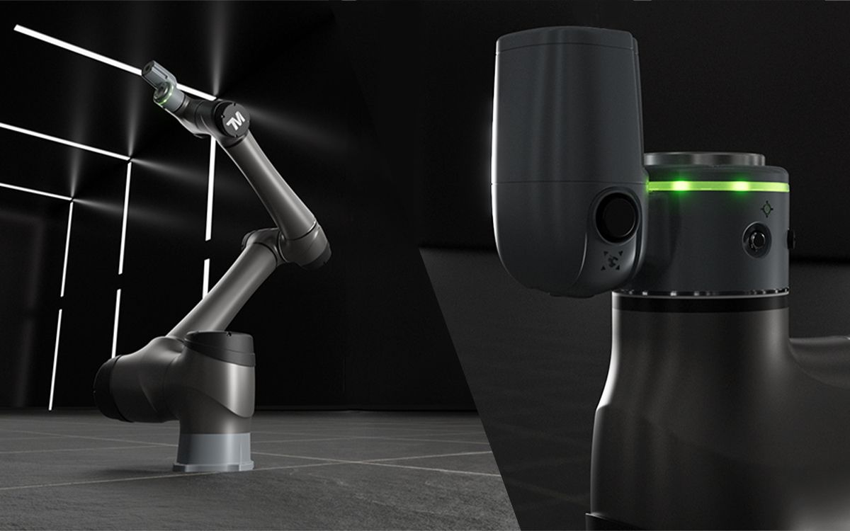 TM AI Cobot with built-in vision ring light in a dark studio