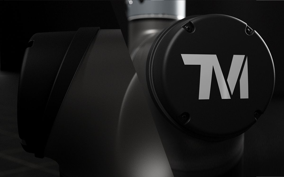 Close-up of a TM AI Cobot joint with the Techman Robot logo